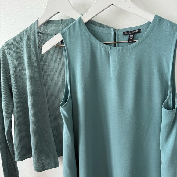 Eileen Fisher Silk Georgette Crepe Round Neck Dress Teal SP - Picture 9 of 9